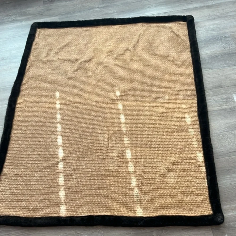 Pottery Barn throw blanket tan natural basket weave dark brown faux fur trim